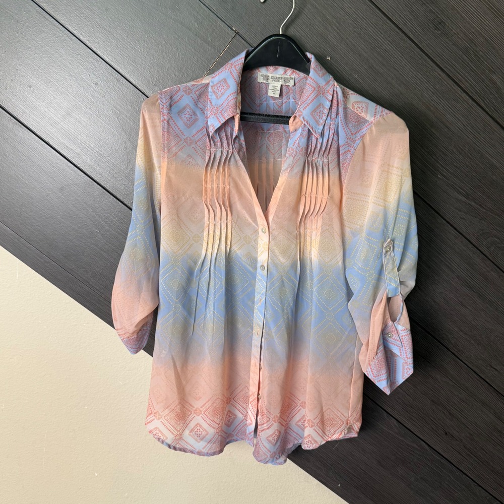 Vintage America Nine West Women's Sheer Geometric Button Down Blouse M Pastel